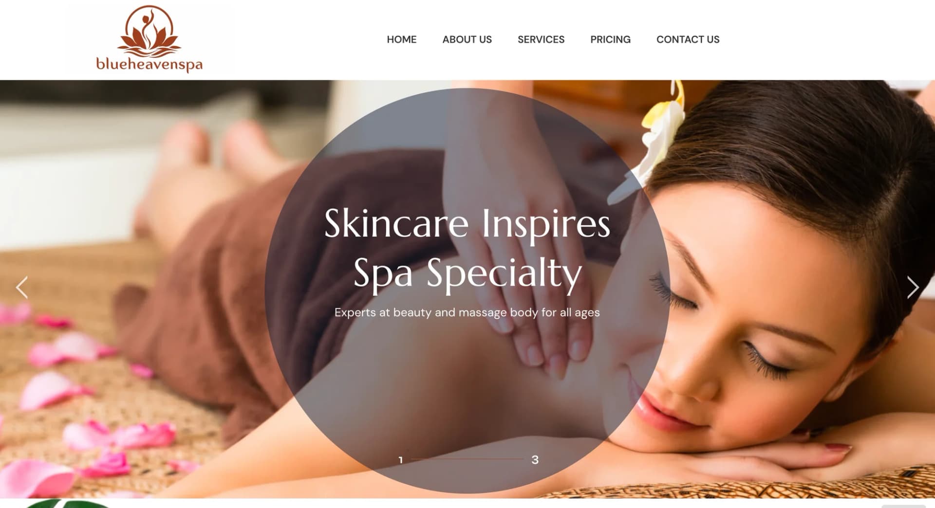 Blue Heavens Spa website homepage