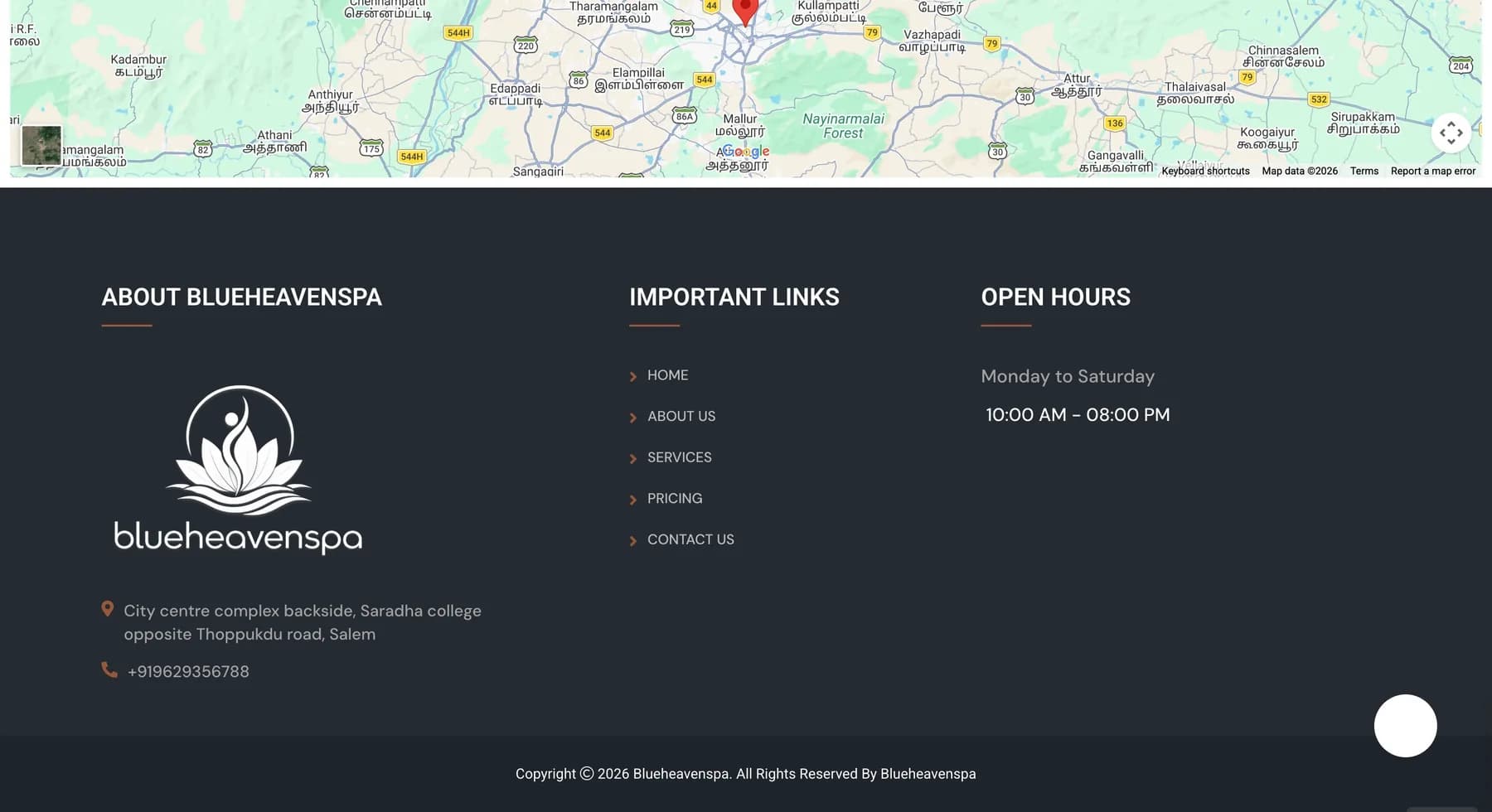 Blue Heavens Spa website, screen 4 of 4