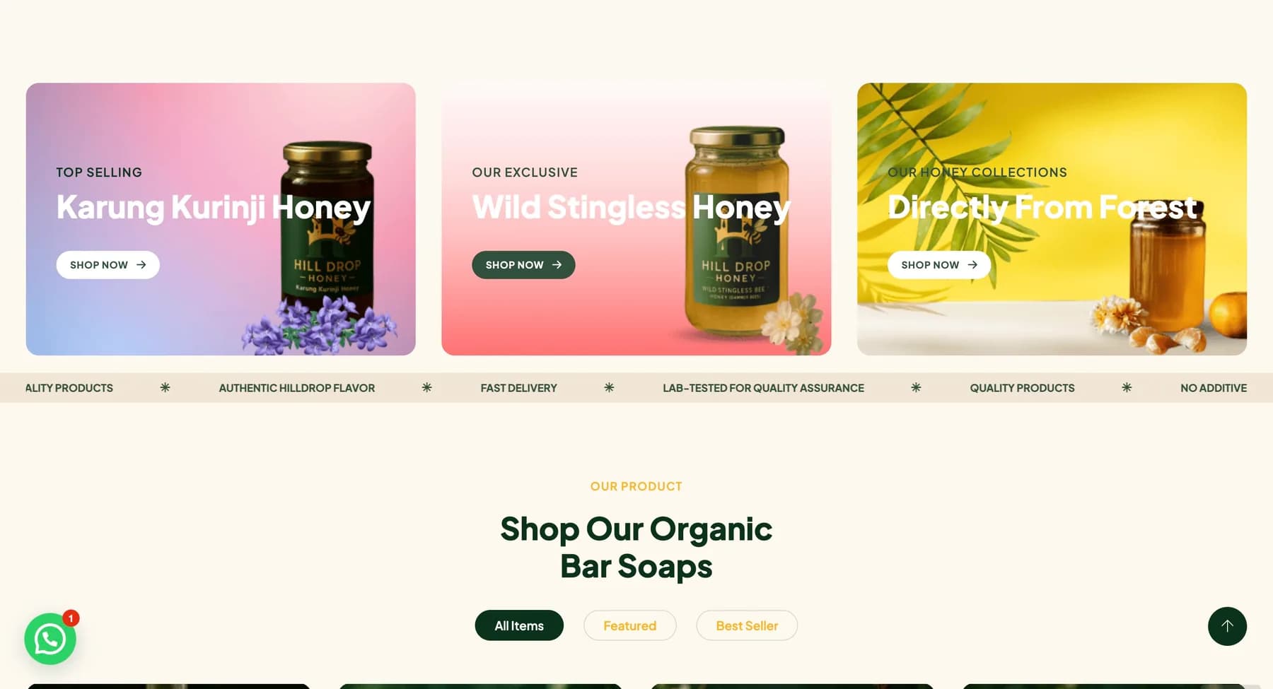 Hill Drop Honey website, screen 1 of 7